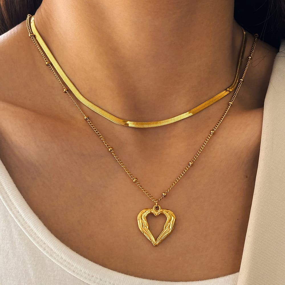 Layered Angel Wing Heart Chain Necklace