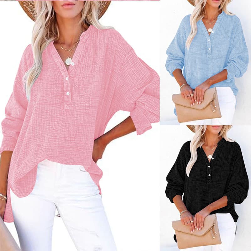 Women's Casual V-Neck Long Sleeve Blouse - Loose Fit Textured Cotton Henley Shirt For Summer