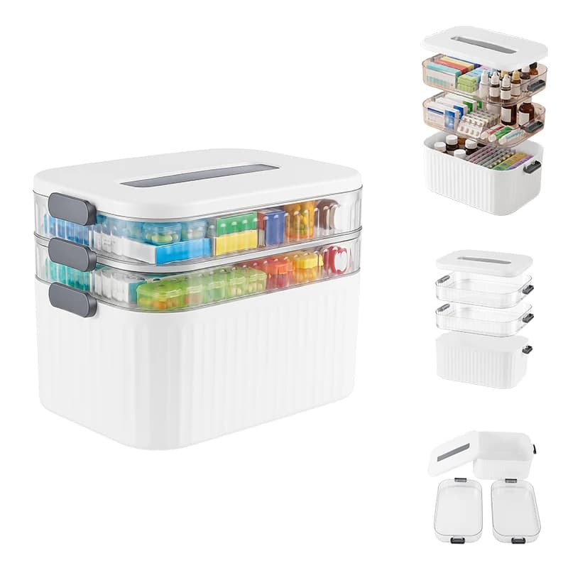 3 Tier Medicine Storage Box Portable Large Capacity Medication Organizer with Handle Sealed Waterproof Dustproof Double Lock for Cosmetics Pill Case First Aid Kit