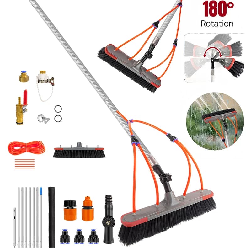 Water Fed Pole Brush Kit, 24ft 7m, for Window, Solar Panel, Gutter, 180-Degree Rotatable 35cm Head, Telescopic Aluminum Pole with Hose