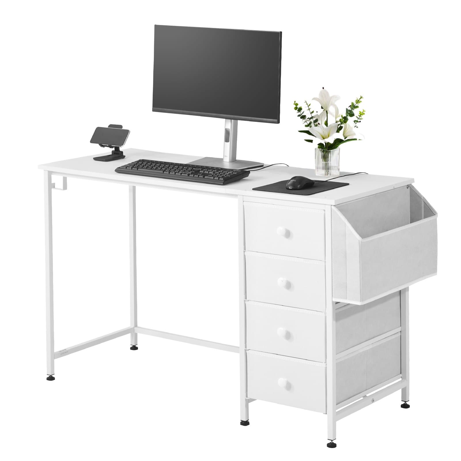 Computer Desk With Fabric Drawers, 120 Cm Reversible Study Work Writing Desk For Modern Home Office Bedroom, Simple Modern Cute PC Table Metal Frame Business Furniture, White