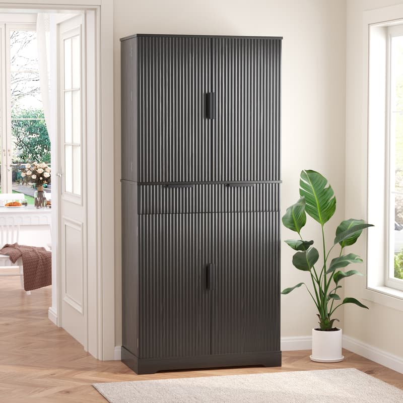 72-Inch Black Fluted Pantry Cabinet
