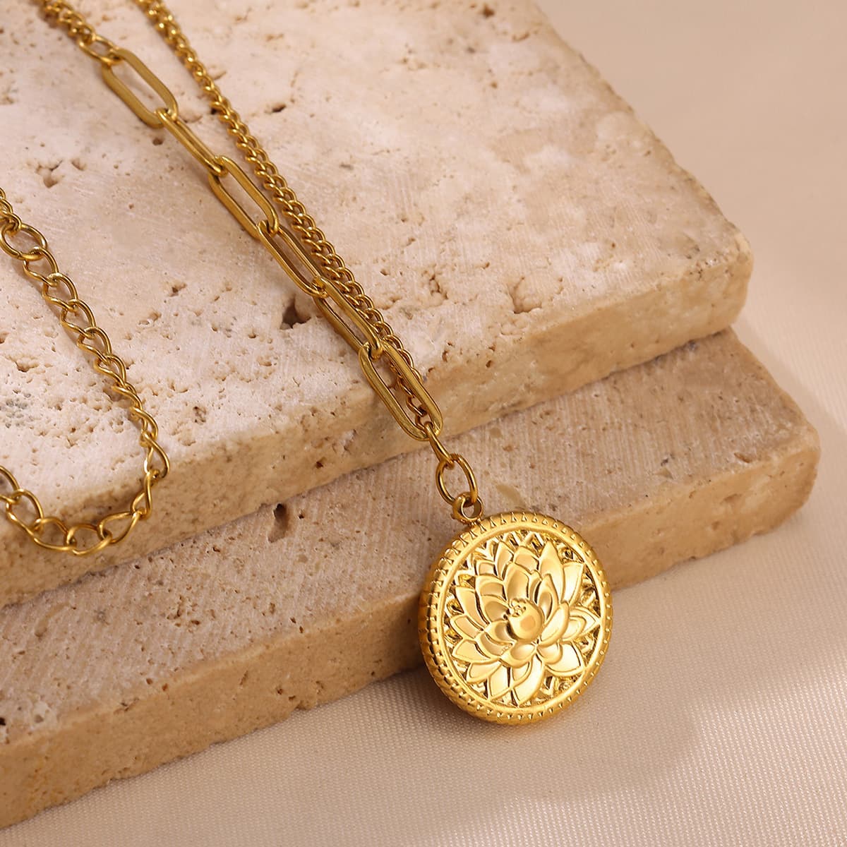 Vintage Lotus Embossed Pendant Necklace