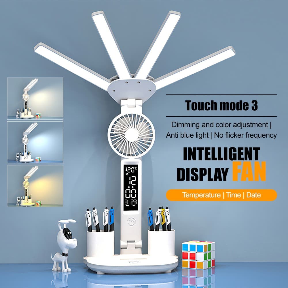 LED Desk Lamp With Fan Clock