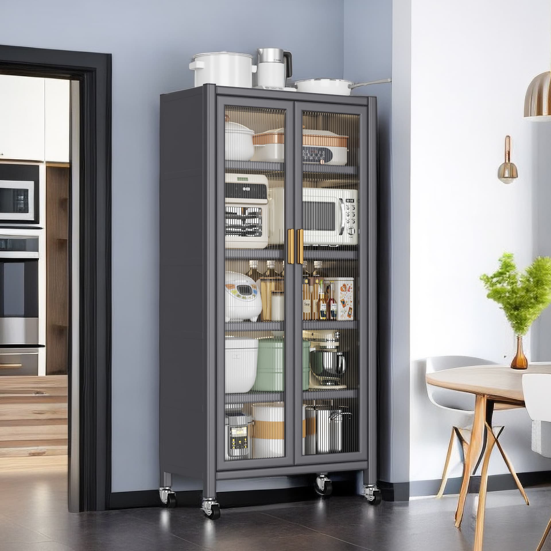 Grey Open Kitchen Storage Cabinet