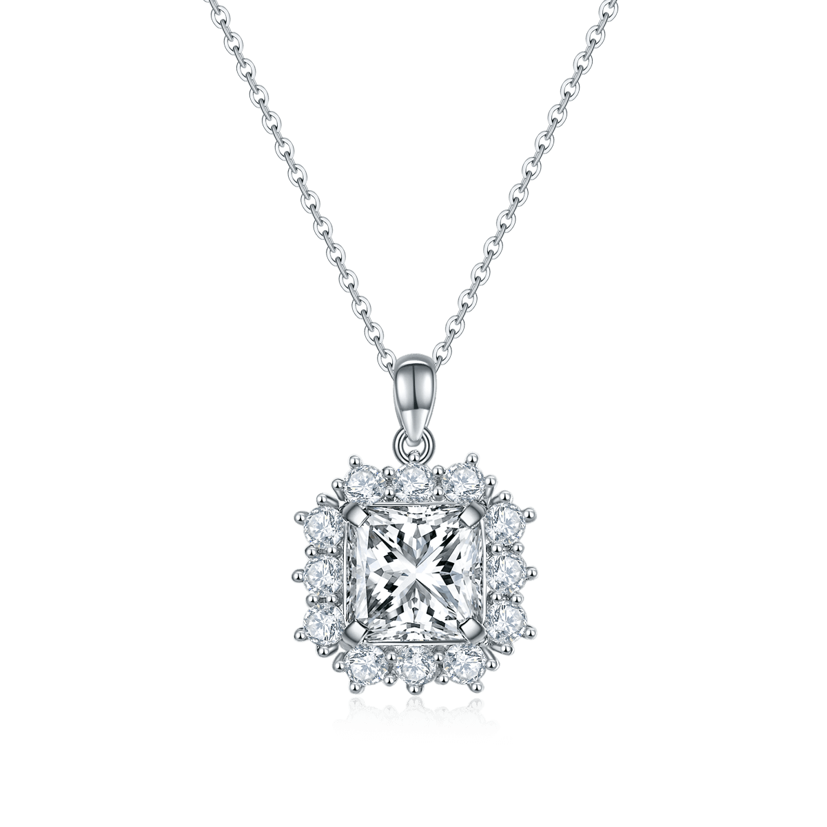 Moissanite Princess Halo Necklace