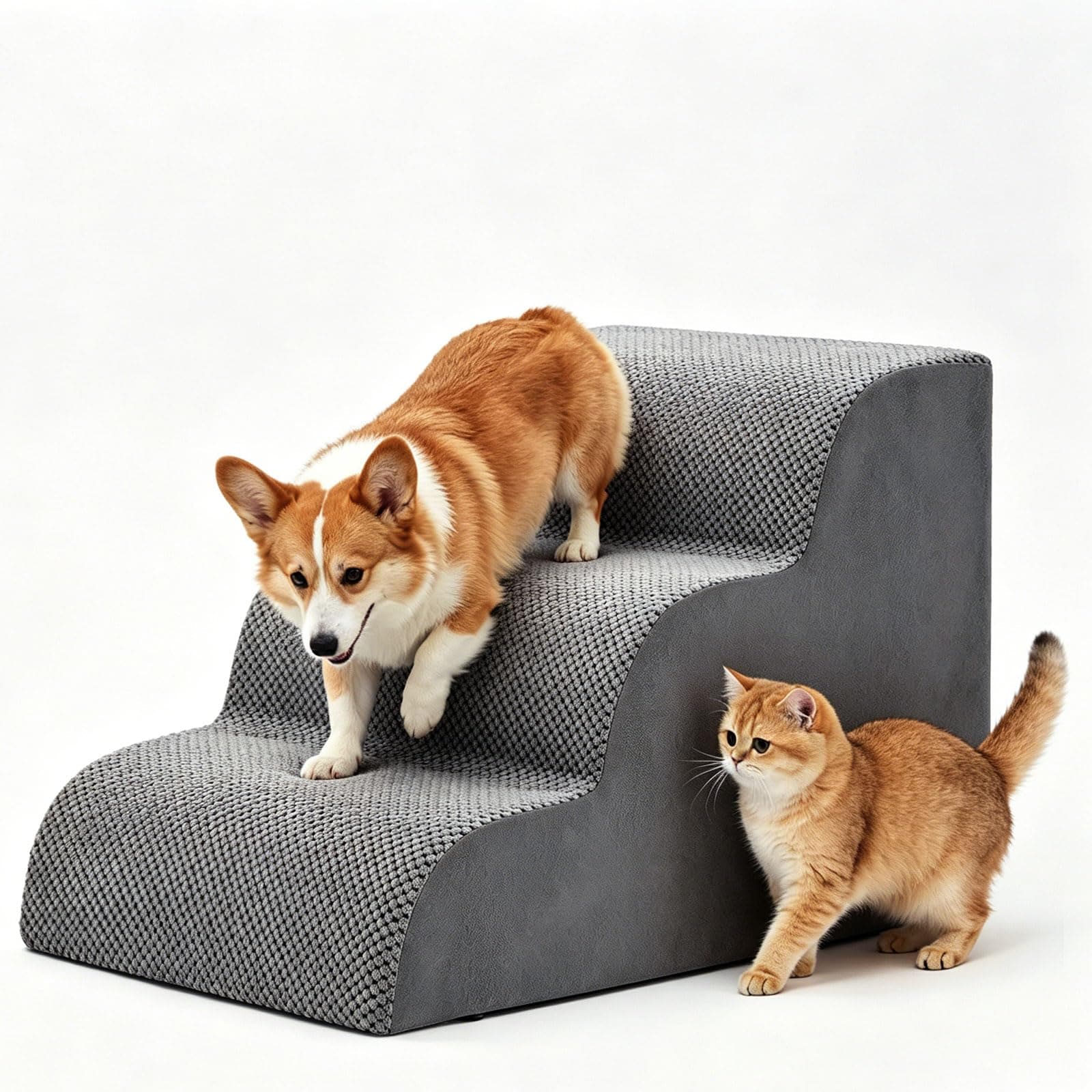 Dog Stairs Ramp For Small Dogs And Cats, 3-Step Curved Pet Dog Steps With High-Density Foam For Puppy And Older Cats, Indoor Non-Slip Pet Ladder Ramp Stairs For Couch, High Beds, Sofa, Car Grey