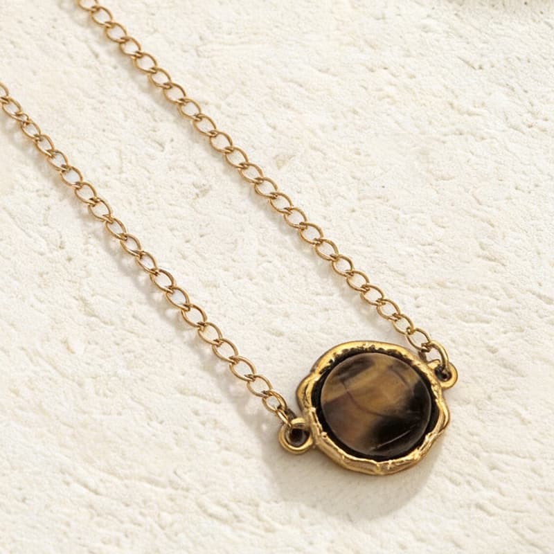 Stainless Steel Pendant Necklace With Tiger's Eye Stone Inlay