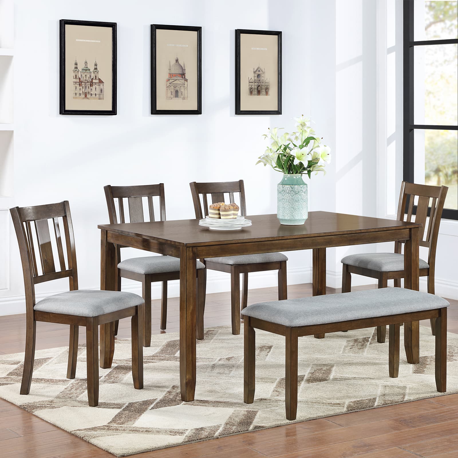Six Piece Walnut Dining Table Set